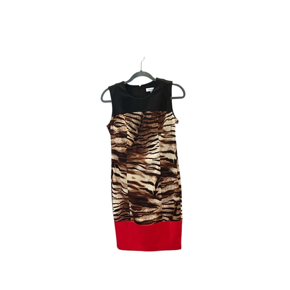Calvin Klein Black and Animal Print Midi Dress with Red Hem… size 4